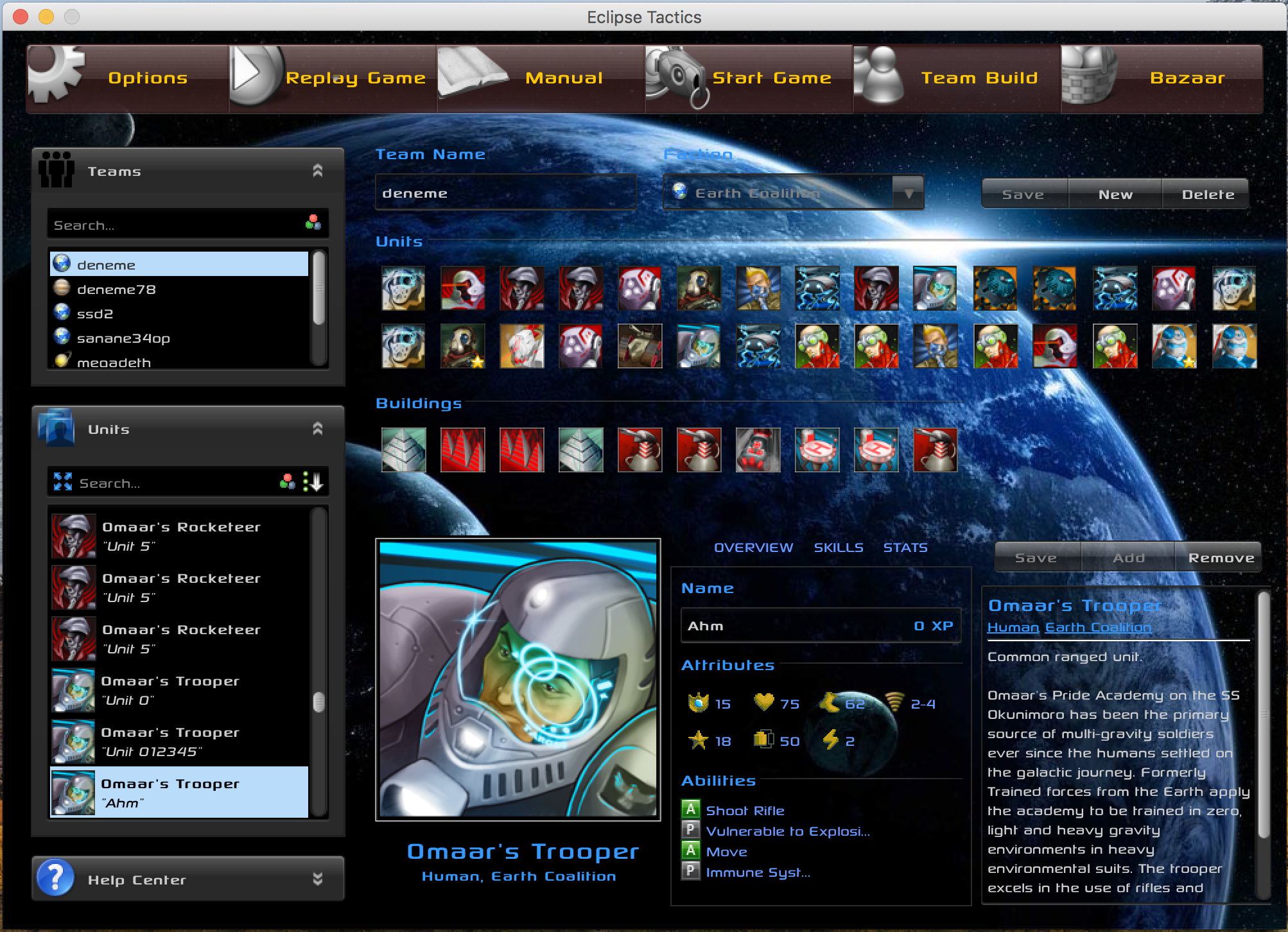 <font color='orange'>Team Build</font><br>This is where you customize your units and build teams ready for battle.